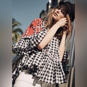 Anthropologie Women’s Size Small Pankaj Nidhi Gingham Embroidered Top